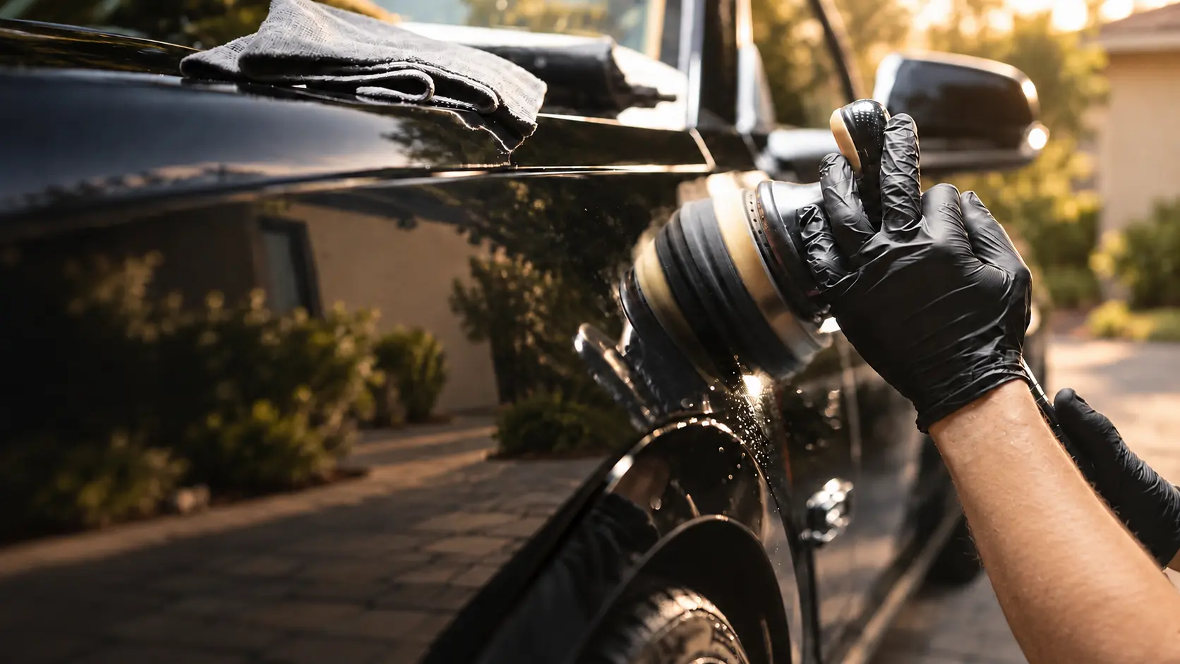 Close-up of a professional detailer machine-polishing a black car outdoors